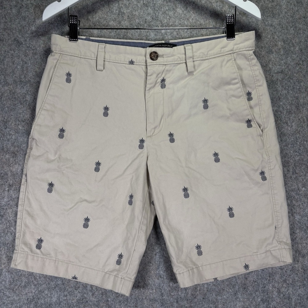 Banana Republic Shorts Mens 30 Aiden Chino Pineapple Print Khaki Flat Front 9.5"